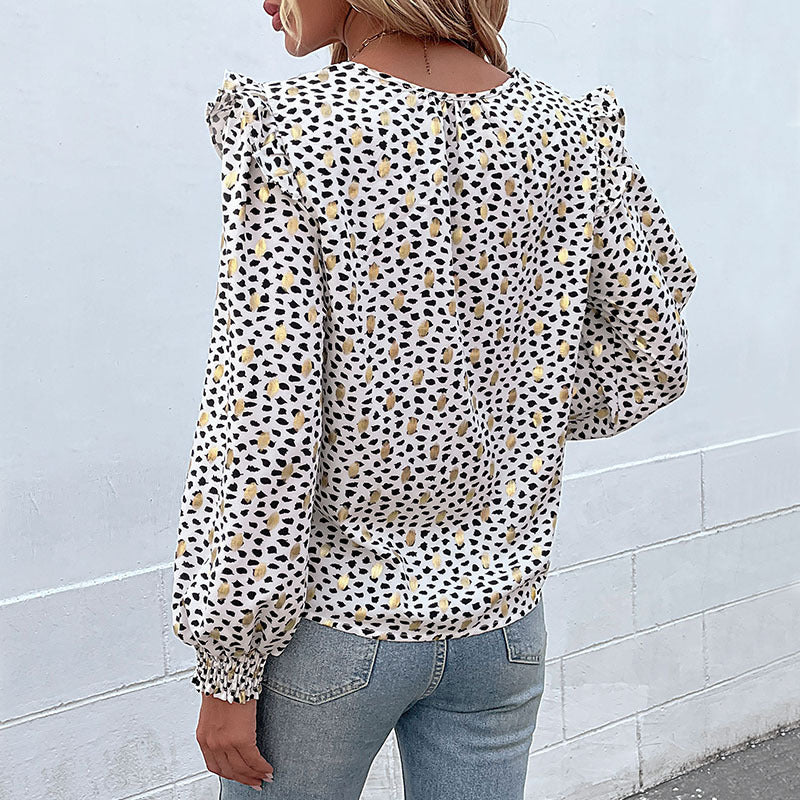 Fashion Women's Spring New Long-Sleeve Hot Gold Ruffled Shirt