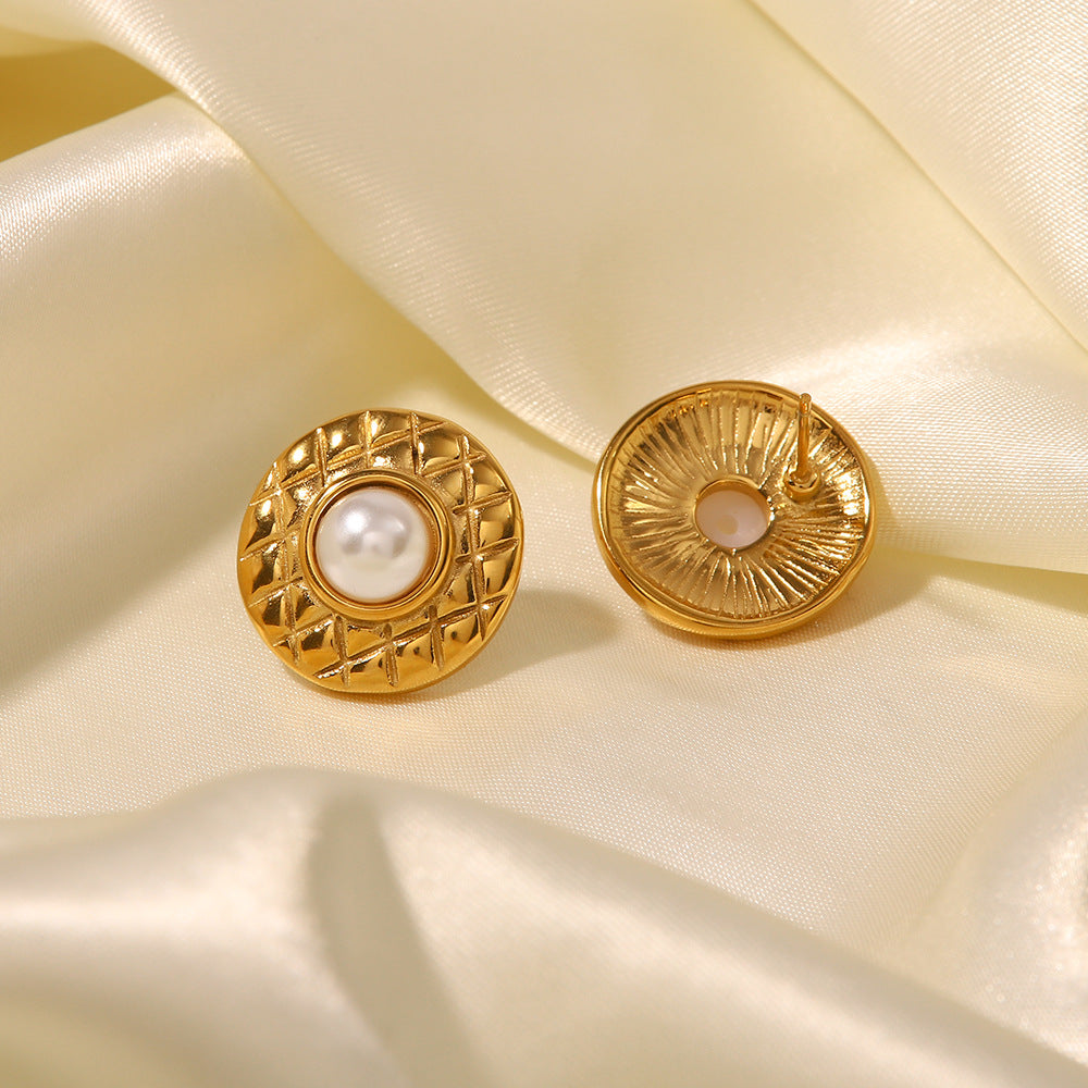 5pcs New 18K Gold Plated Fashion Plaid With Pearl Stud Earrings Fashion Everything Earrings