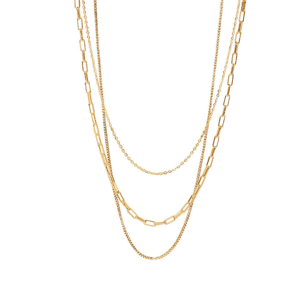 5pcs Vintage Style 18K Gold Plated Paper Clip Box Chain Stainless Steel Chain Titanium Steel Necklace Ring Triple Layer Necklace Jewelry