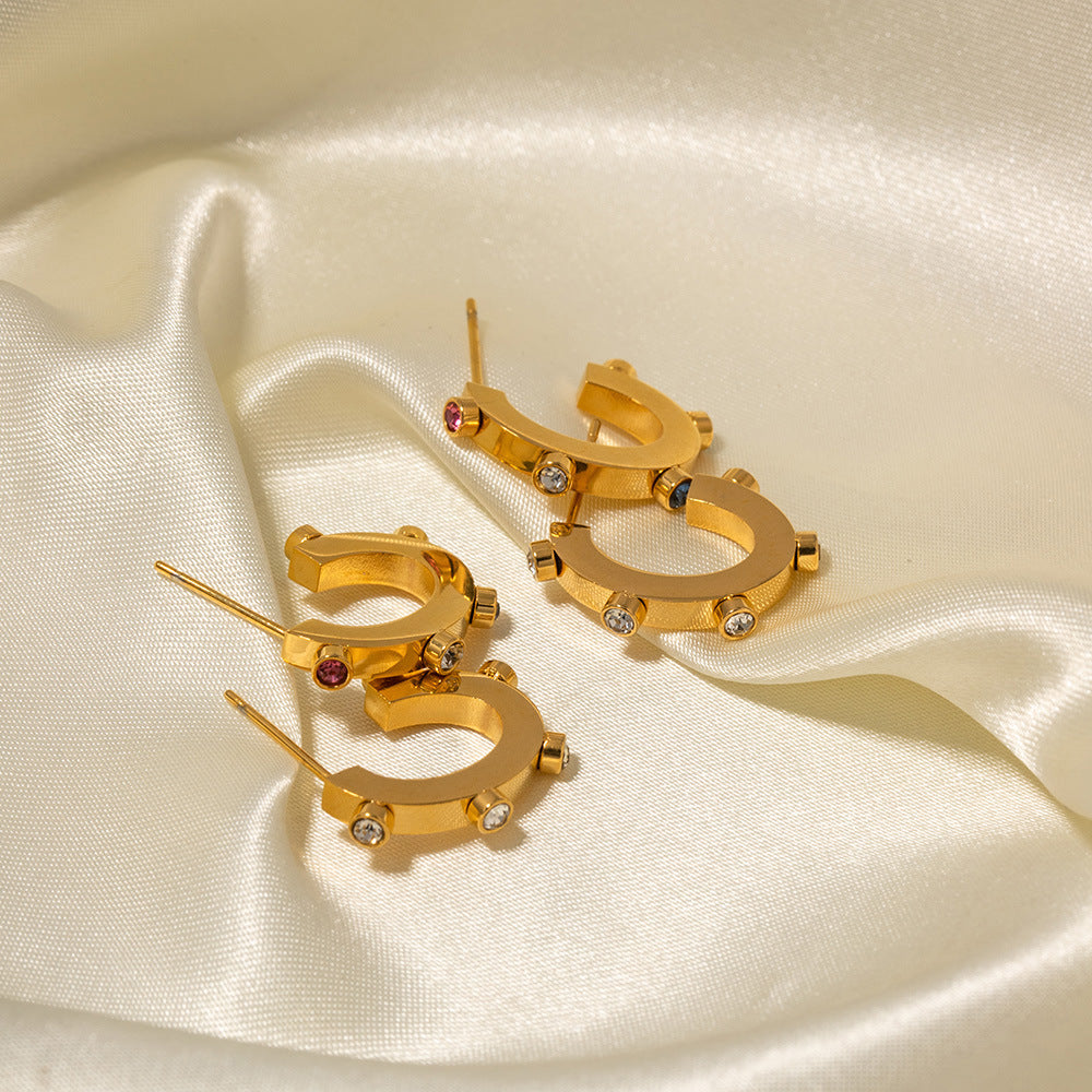 5pcs Over-The-Top Design 18K Stainless Steel Colored Diamond C-Shaped Stud Earrings With Titanium Steel Earrings