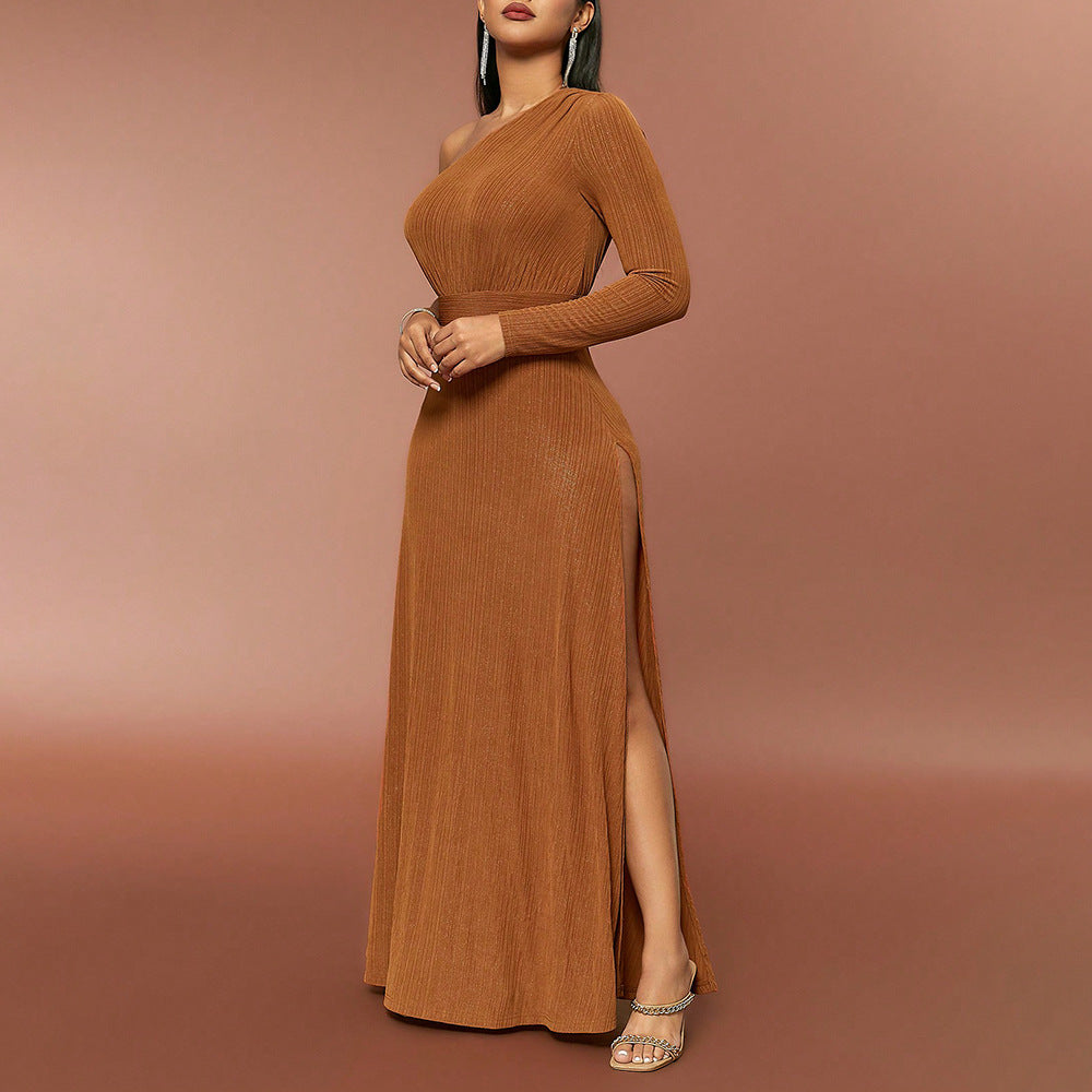 Spring And Autumn New Style Sexy Temperament Women's Dress Slim Shoulder Long Sleeve Slit Casual Dress