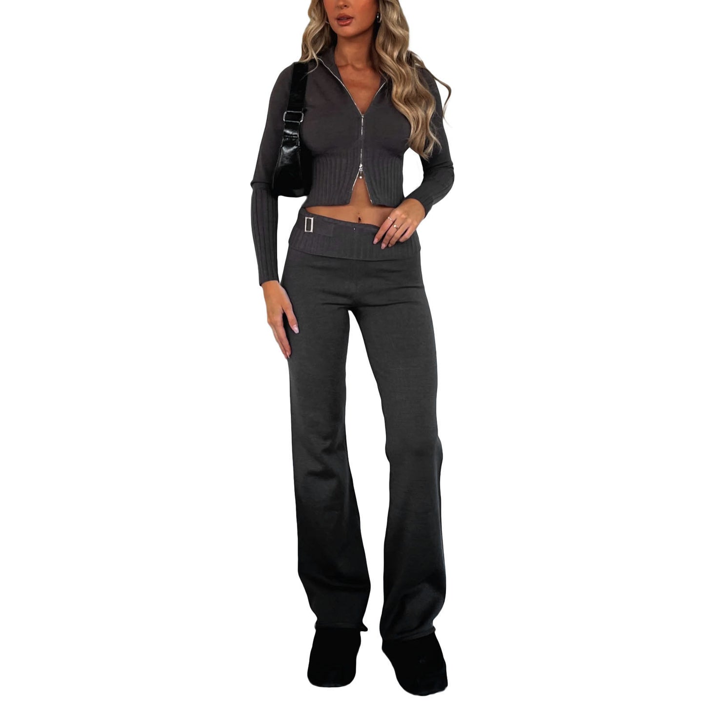 New Knitted Hooded Women's Fashion Sexy High-Waisted Long-Sleeved Trousers Two-Piece Set