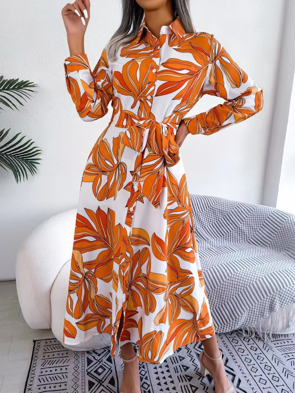 Women's Autumn Winter Color Plant Flower Lapel Print Shirt Skirt Long Dress