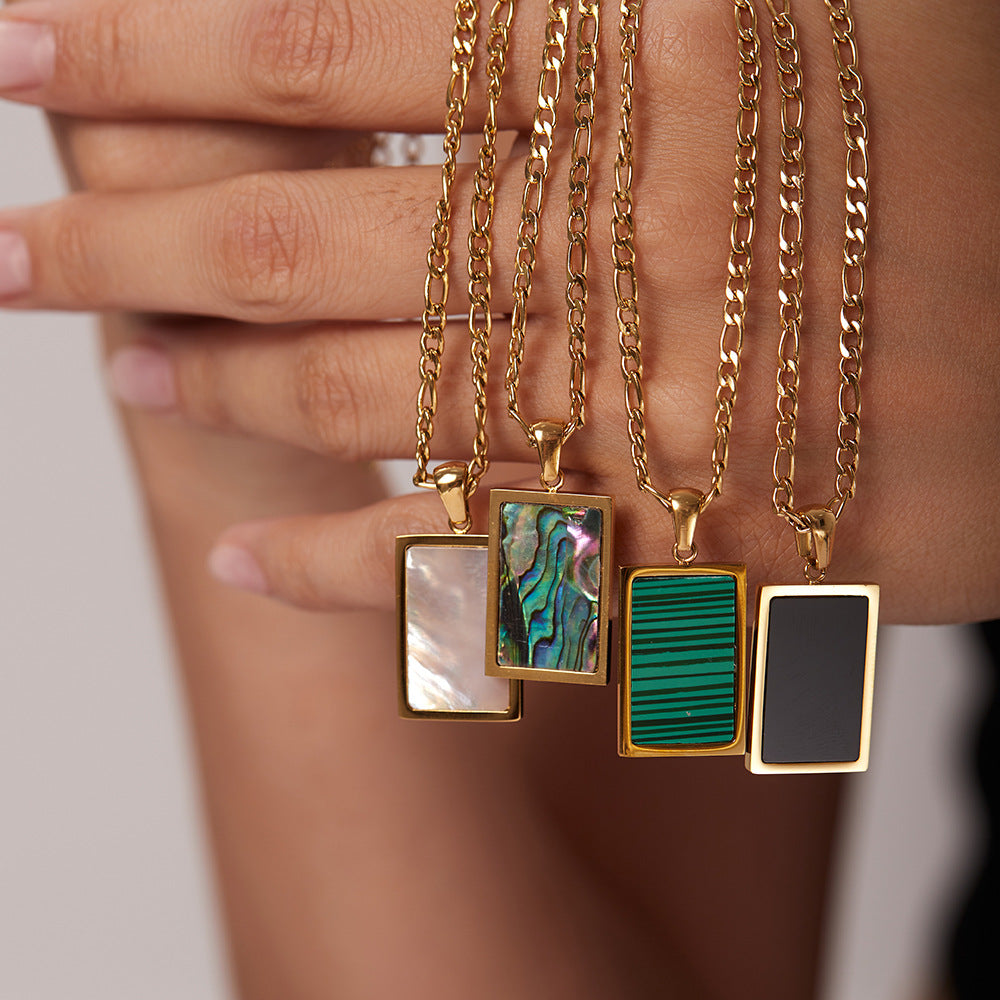 5pcs Accessories Rectangular Abalone Malachite Agate Shell Pendant Necklace Stainless Steel Plated Chain Necklace