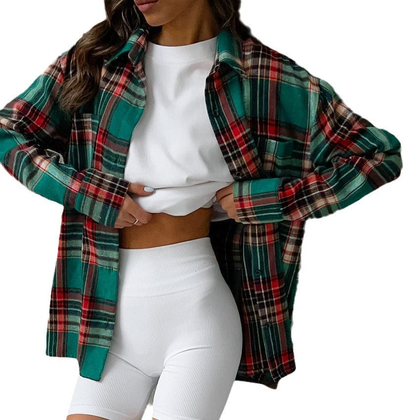 Plaid Lap Lapel Commuter Loose Women's Shirt New Spring Fashion Cardigan Women's Wear