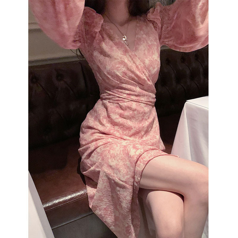 Thirteen Lines Autumn And Winter Women's New Pink Collar Floral Dress Chiffon Lantern Sleeve Long Skirt Long Skirt