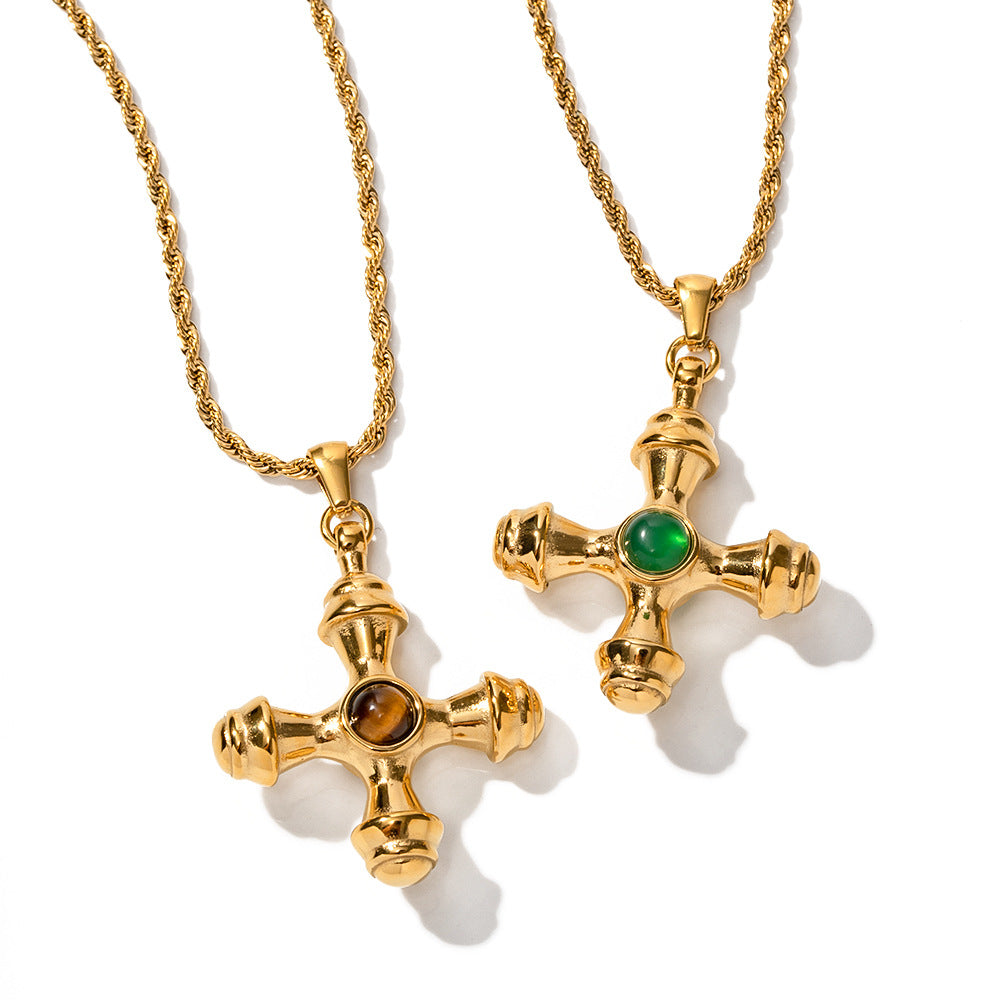 5pcs 18K Gold Stainless Steel Cross Set Tiger Eye Necklace Does Not Fade Fashion Accessories