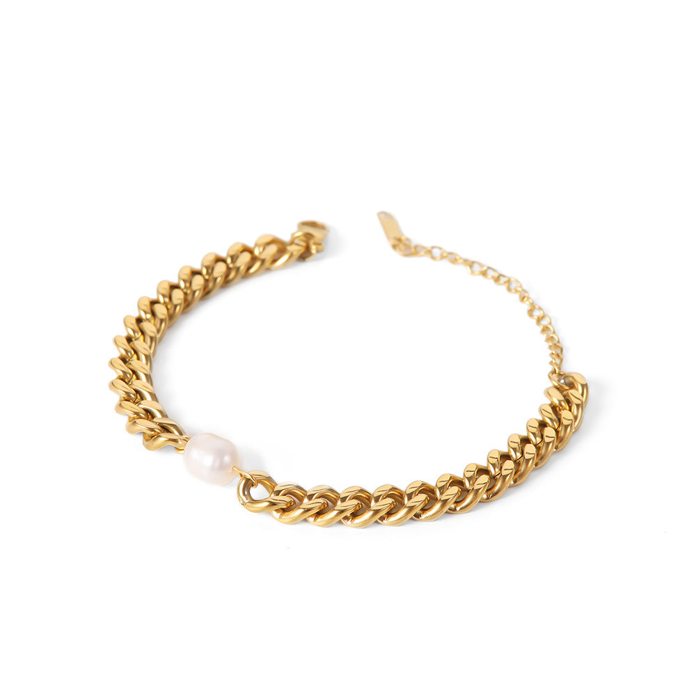 5pcs Stylish New 18K Gold-Plated Stainless Steel Cuban Chain Single Pearl Bracelet Individually Packaged Women's Bracelet