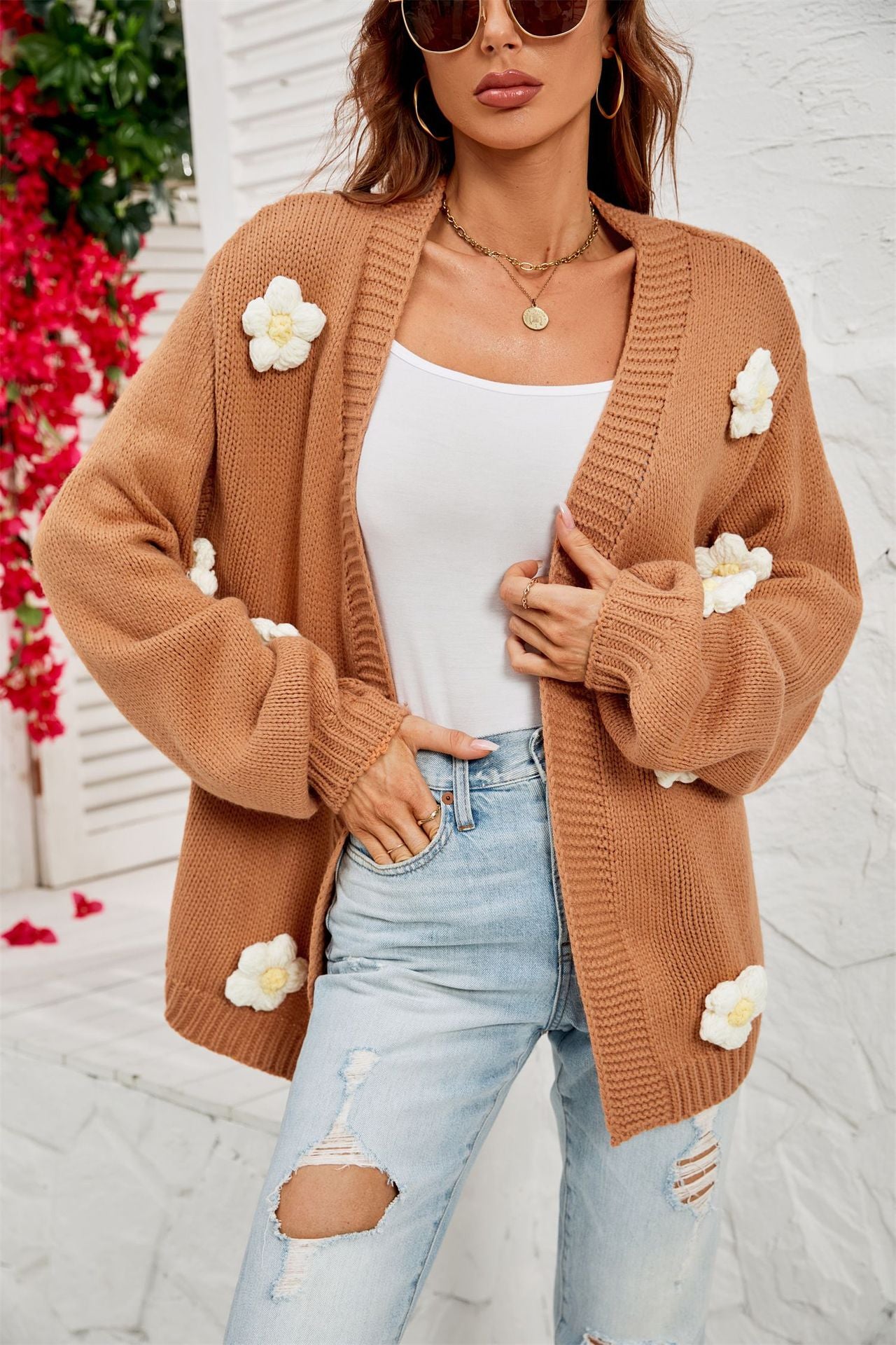 New Winter New Large Size Women's Clothing Flower Cardigan Lantern Sleeve Sweater Coat