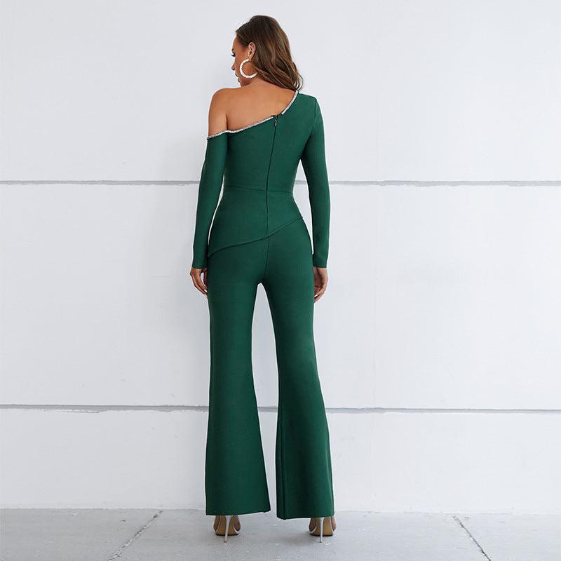 Autumn And Winter Women's New High-End Long-Sleeved Diamond-Encrusted Two-Piece Flare Trouser Suit