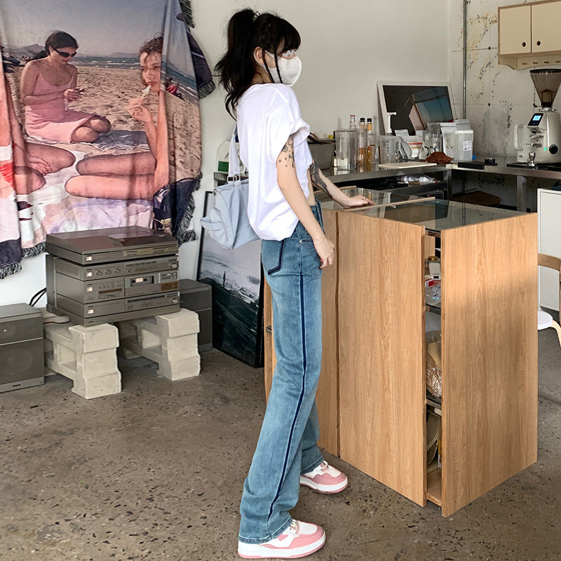 Contrast Jeans Straight Leg Women's High Waist Loose Pear Figure Wide Leg Mop Trousers