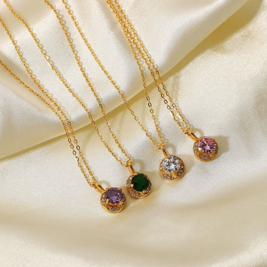 5pcs New Fashion Necklace 18K Gold Stainless Steel Double Round Zircon Pendant Women's Simple Necklace