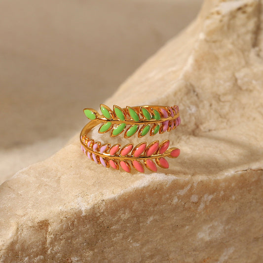 5pcs New Ring Creative Leaf Branch Ring 18K Gold Plated Stainless Steel Women Color Dripping Open Ring