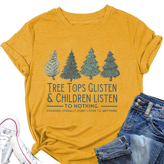 Tree Tops Round Neck Fashion Letter Top Women's T-Shirt Loose Short Sleeves