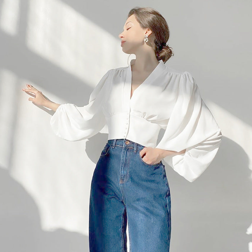 Autumn New V-Neck Women's Shirt Court Style Lantern Sleeve Slim Long-Sleeved Shirt