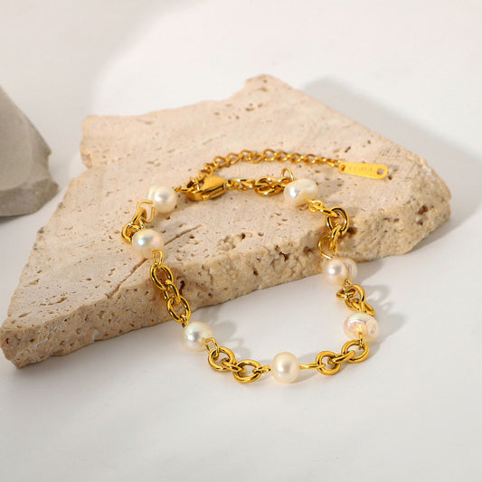 5pcs Hot Stainless Steel 18K Gold Plated 6 Natural Light Pearl Chain Bracelet Women's Bracelet