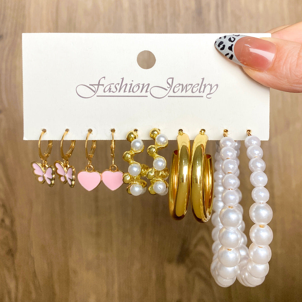 5 Sets New Pearl Earrings Set for Women Retro Metal Geometric C-Shaped 5 pairs Earrings