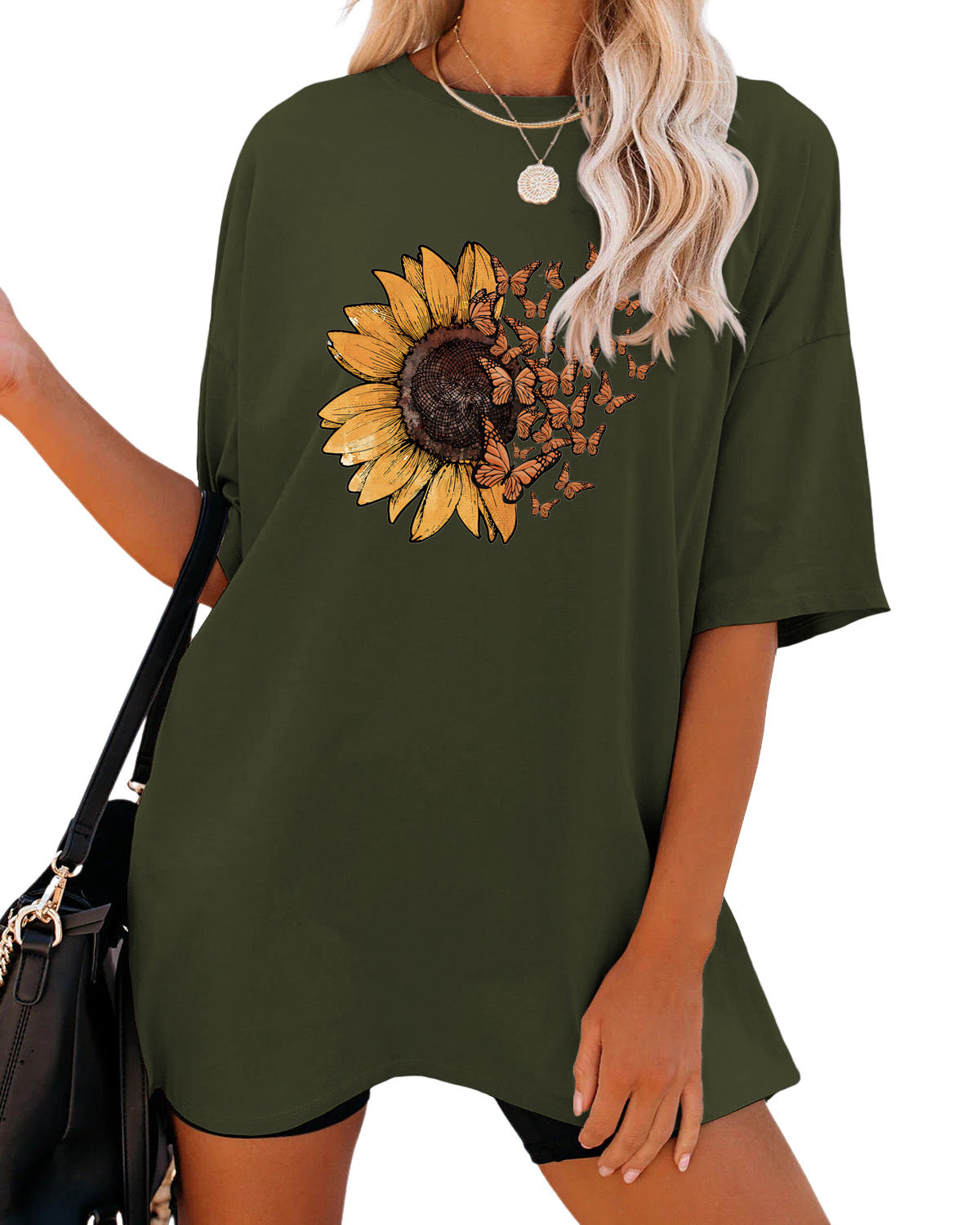 Casual Sunflower Print Loose T-Shirt Women's Round Neck Fashion Short Sleeve Shirt