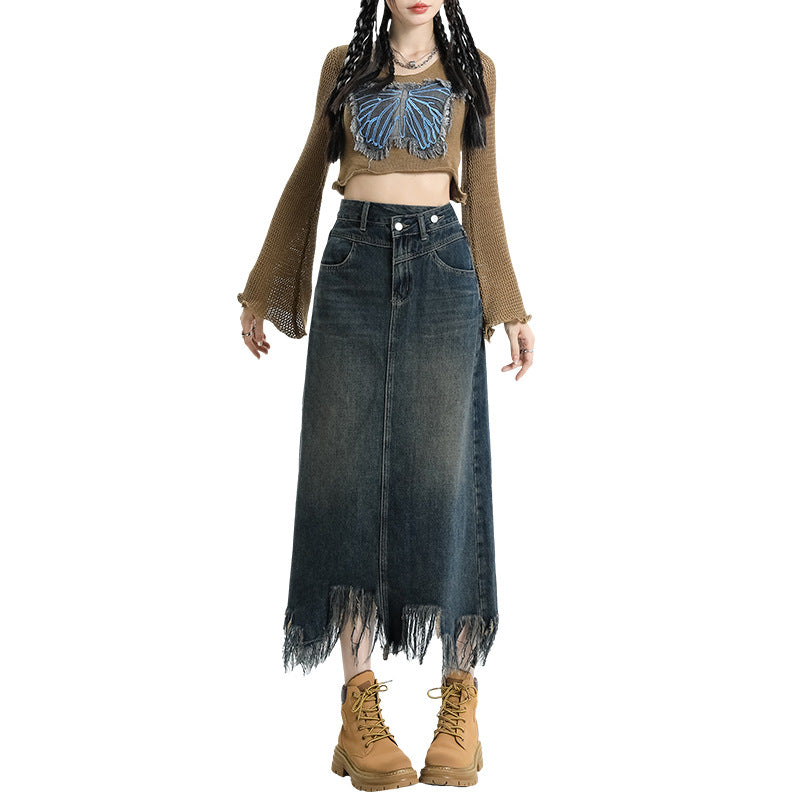 Vintage Fringe Slit High Waist Skirt Women's New Autumn Loose Skinny Long Skirt A Line Wrap Hip Denim Skirt