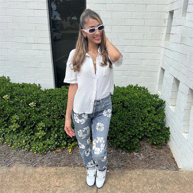 Spring Women's New Street Fashion With Daisy Print High-Waisted Straight-Leg Slim Jeans
