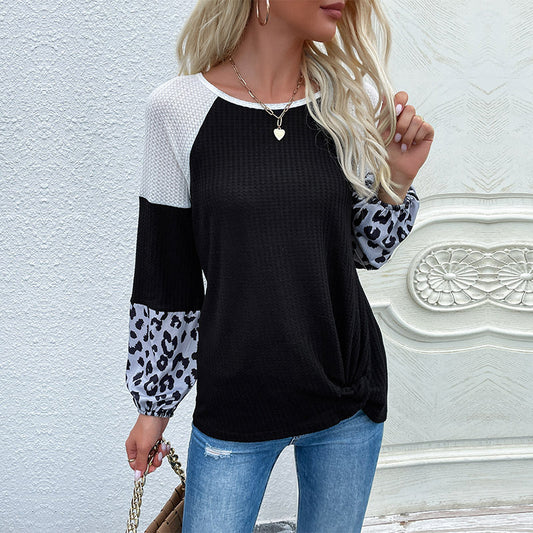 New Splicing Women's Autumn Leopard Print Long Sleeve Color Pullover Sweater