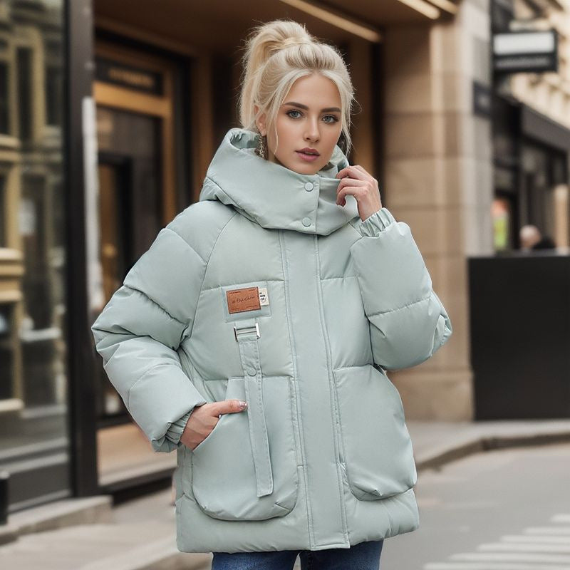 Oversize College Style Fashion Simple Korean Version Hooded Stand Collar Cotton-Padded Coat Female Autumn And Winter Niche Thickened Cotton-Padded Coat
