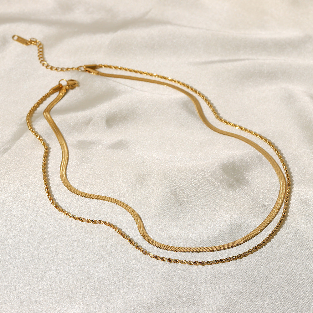 5pcs Style Classic Simple Necklace Jewelry 18K Gold Plated Sheet Chain Flat Snake Chain Twist Chain Double Necklace Collar Female