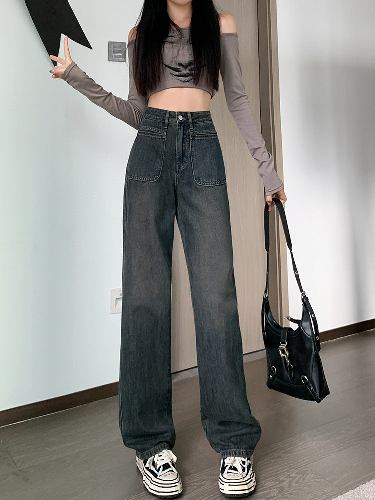 Jeans Women Spring And Autumn High-Waisted Trousers Small Cement Grey Slimming Slimming Narrow Version Straight Leg Wide Pants Lengthened