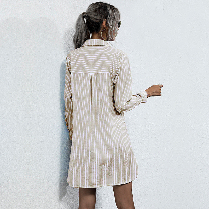 Women's Long-Sleeved Blue Lace-Up Lapel Pullover Long Striped Shirt