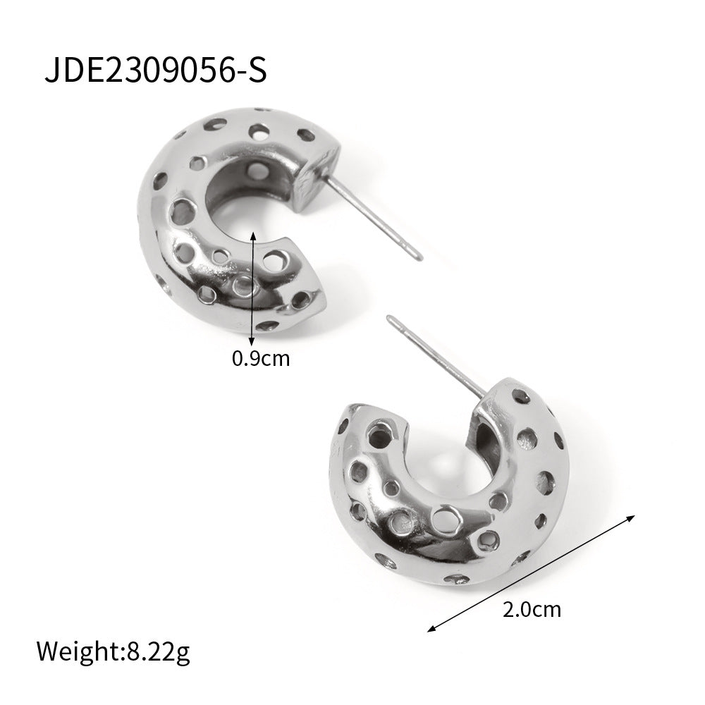 5pcs 18K Gold Stainless Steel Round Hollow C-Shaped Earrings New Fashion Temperament Niche Design Earrings