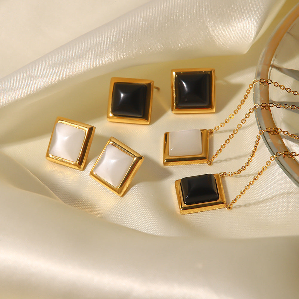 5pcs Cat's Eye Stainless Steel Square Earrings Necklace Female Style Fashion Niche Design High-Grade All-Match Titanium Steel Necklace