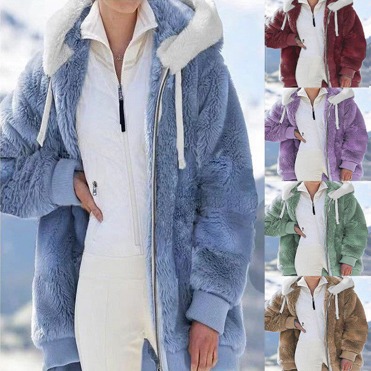 Hot New Fall/Winter Plush Zipper Hooded Coat Lady