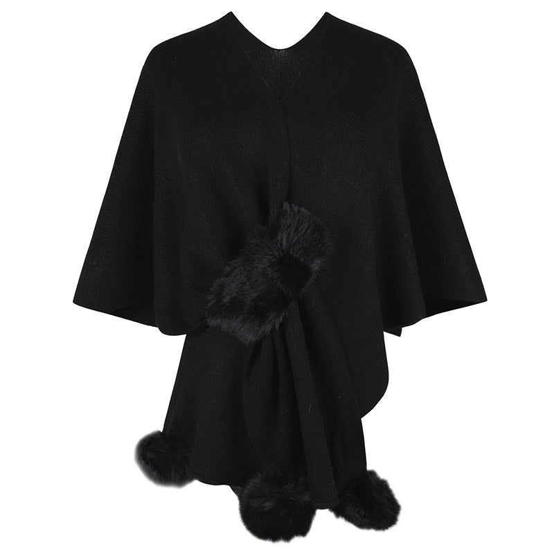 Drizzle Solid Color Fur Ball Cloak Sweater For Women New Autumn And Winter New Women Shawl Knitted Cardigan