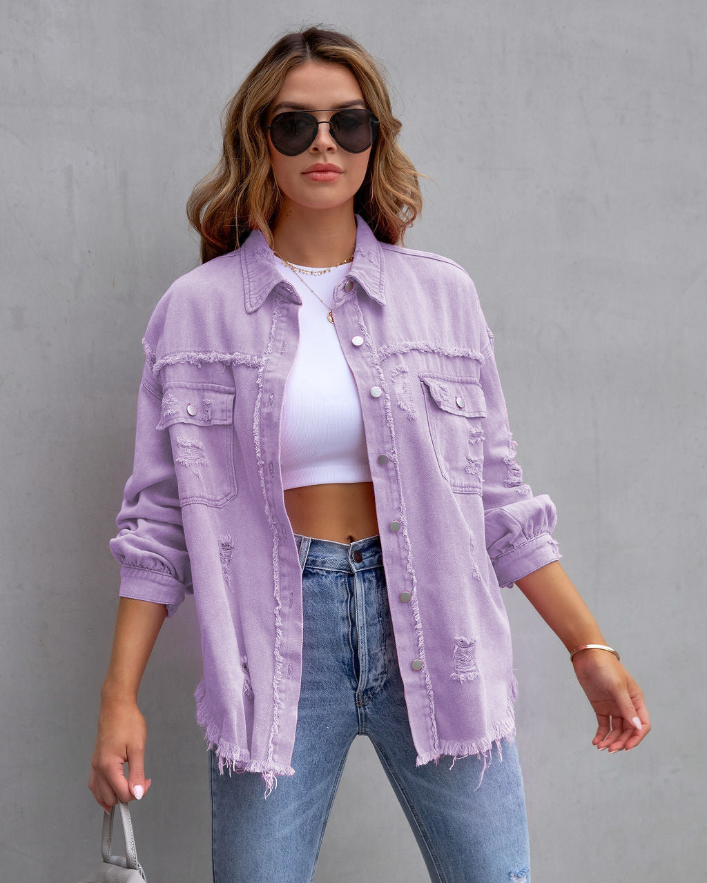 New Wind Long Rough Edge Hole Denim Coat Female Autumn And Winter Long Sleeve Casual Lapel Top