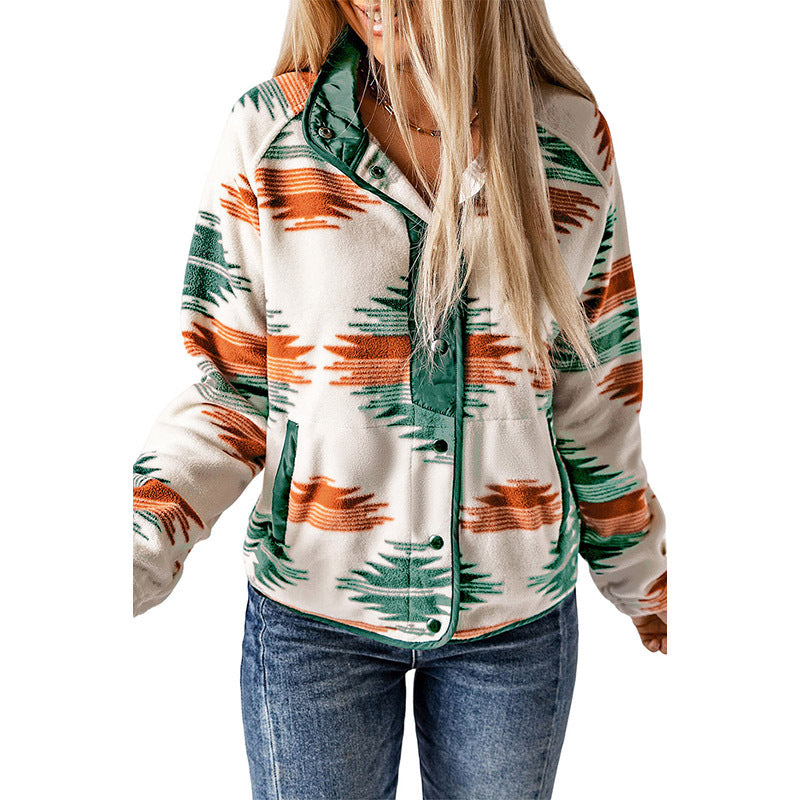 Winter New Western Print Long Sleeve Coat Women Fashion Match Warm Color Cardigan Jacket Women