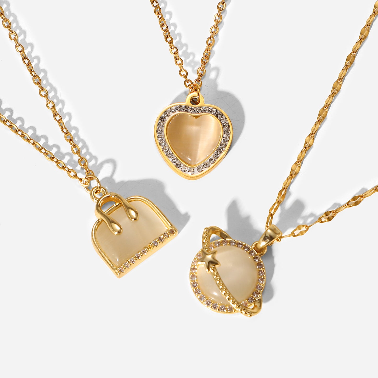 5pcs Jewelry Copper Set Zirconium Planet Pendant Stainless Steel Necklace Love Women's Bag Necklace
