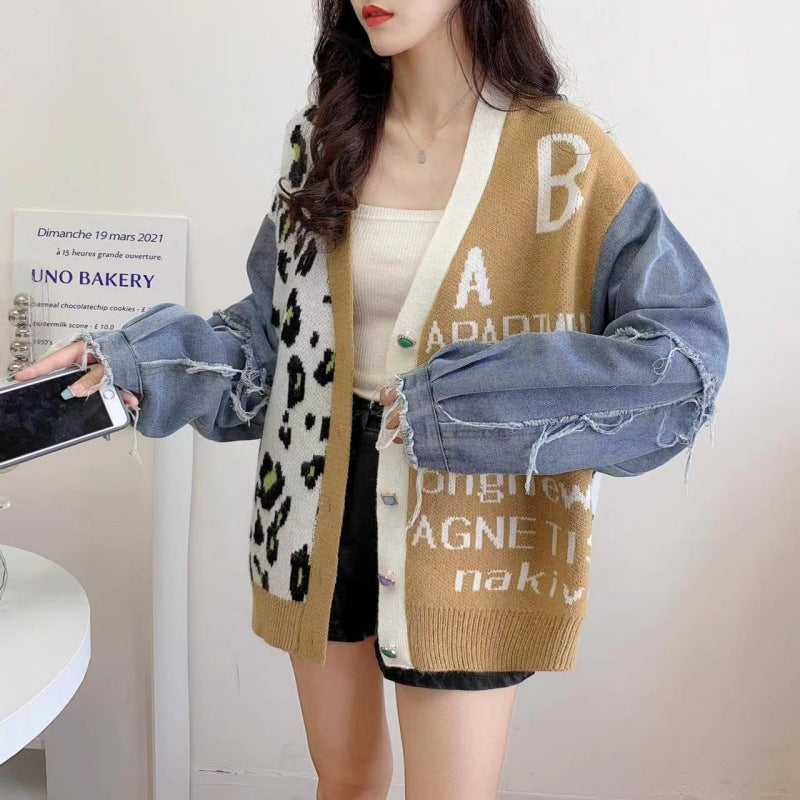 Sweater Girl Denim Splicing Leopard Print Jacquard Autumn And Winter New Style Color Contrast Loose Lazy Knit Cardigan Coat
