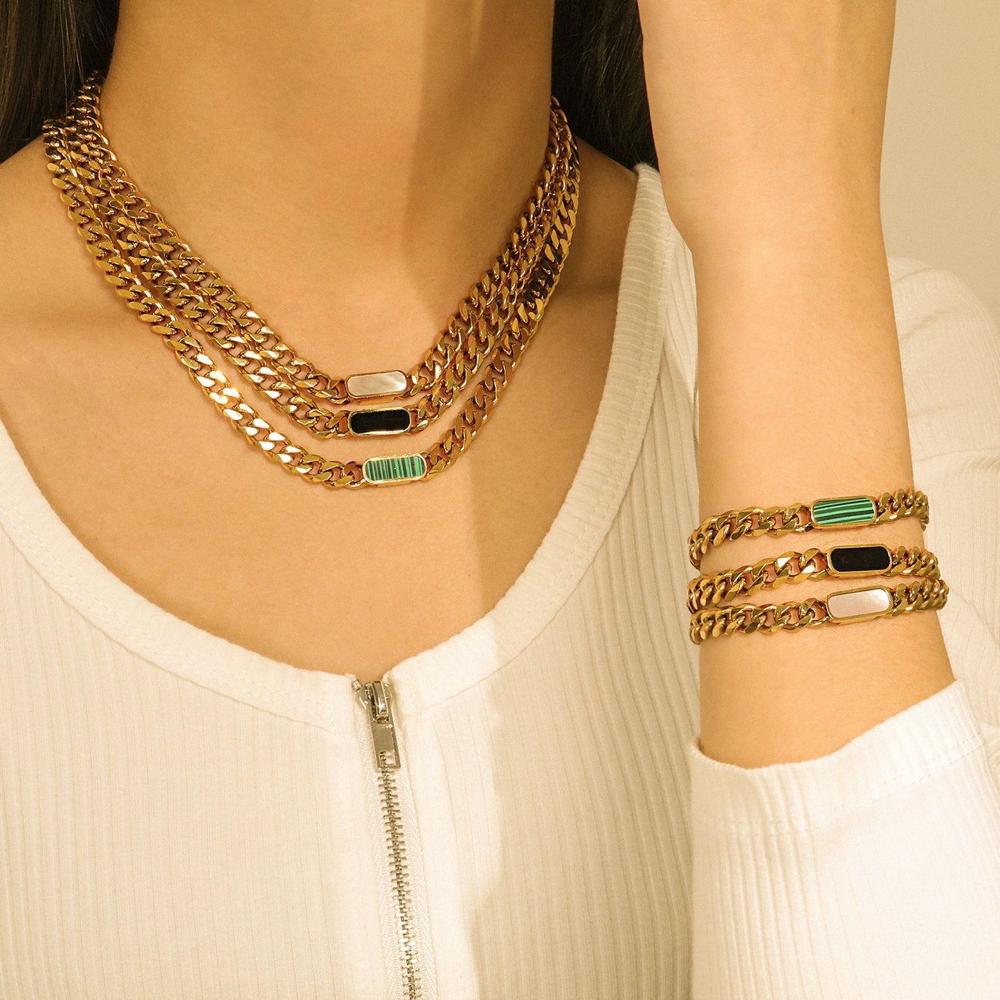 5pcs Cuban Chain 18K 316 Stainless Steel Plated White Shell Green Peacock Stone Black Shell Titanium Steel Necklace
