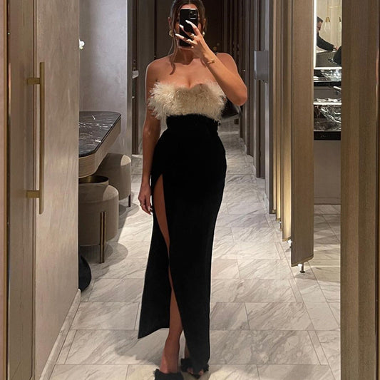 Winter Sexy Hottie A Shoulder Hair With Chest Slit Dress Woman