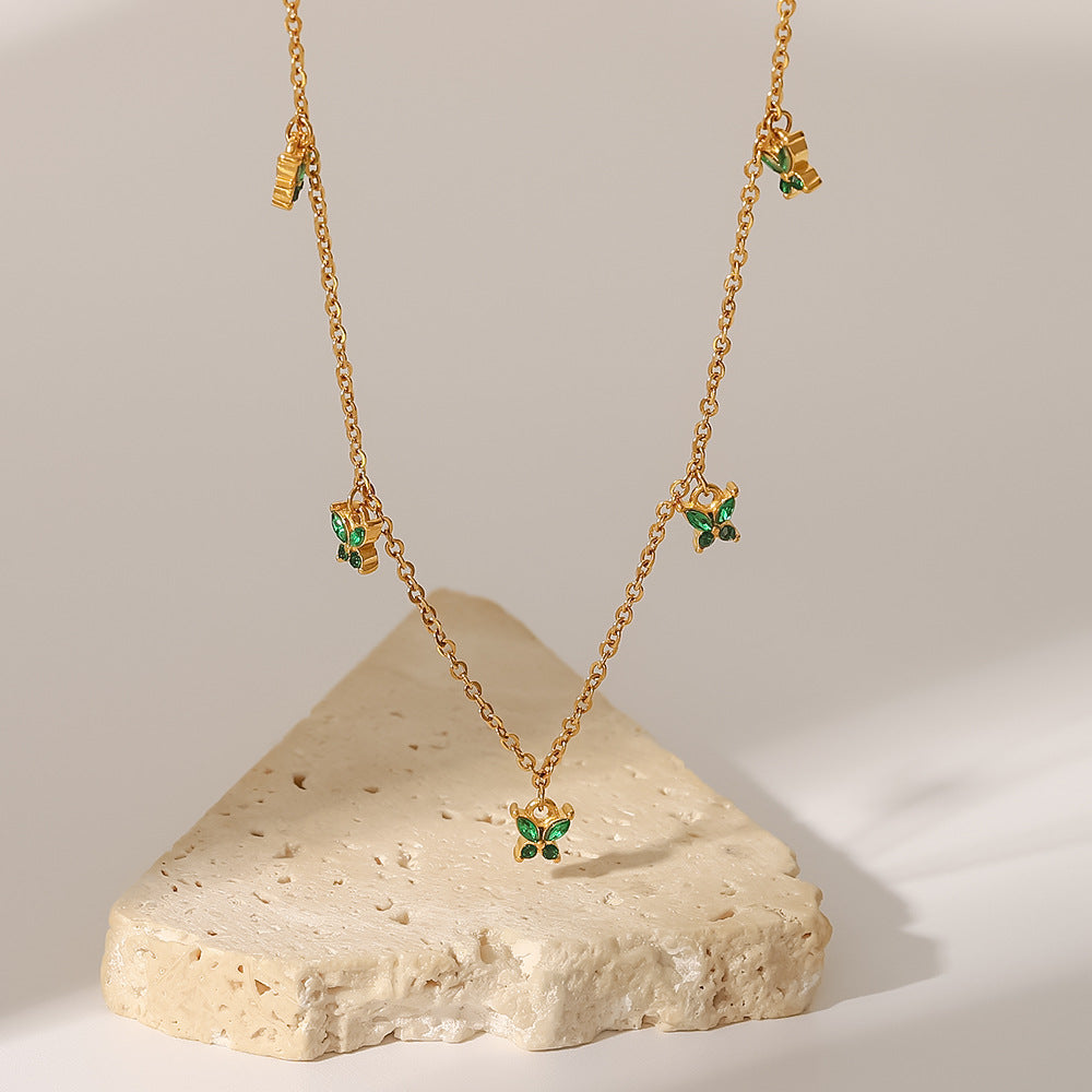 5pcs Women's Fashion Necklace 18K Gold Plated Green/White Zircon Butterfly Pendant Necklace Stainless Steel Butterfly Collar