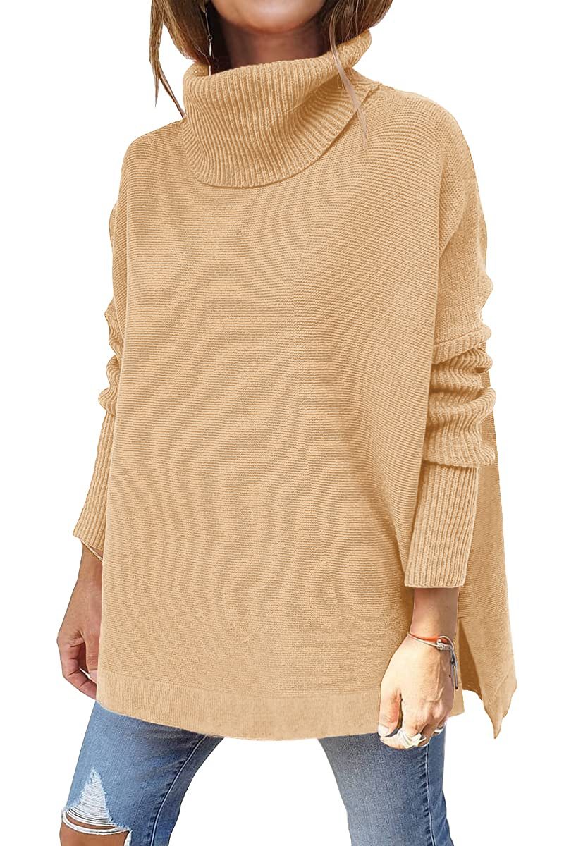 New Women's Turtleneck Oversized Sweater Mid-Length Batwing Sleeve Slit Hem Tunic Jumper