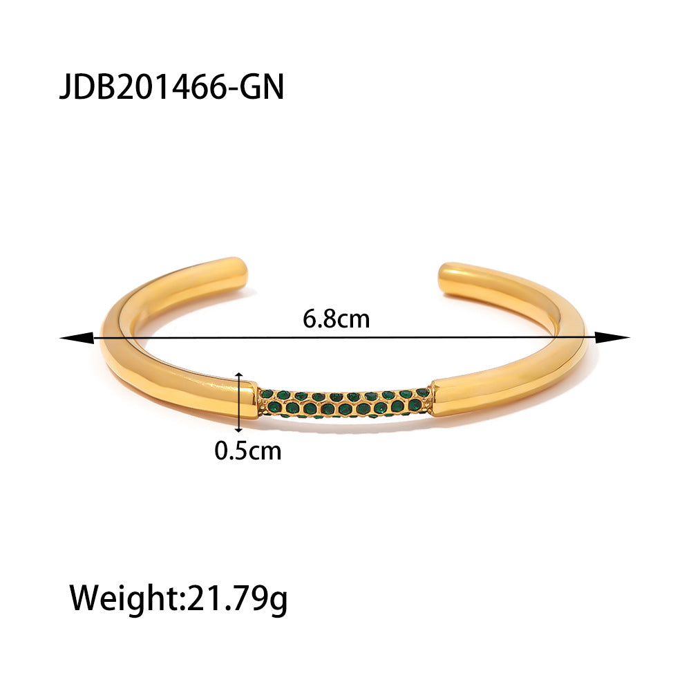 5pcs Design 18K Gold Stainless Steel Inlaid With Green Diamond Open Bracelet Vacuum Electroplating Fashion Hand Jewelry