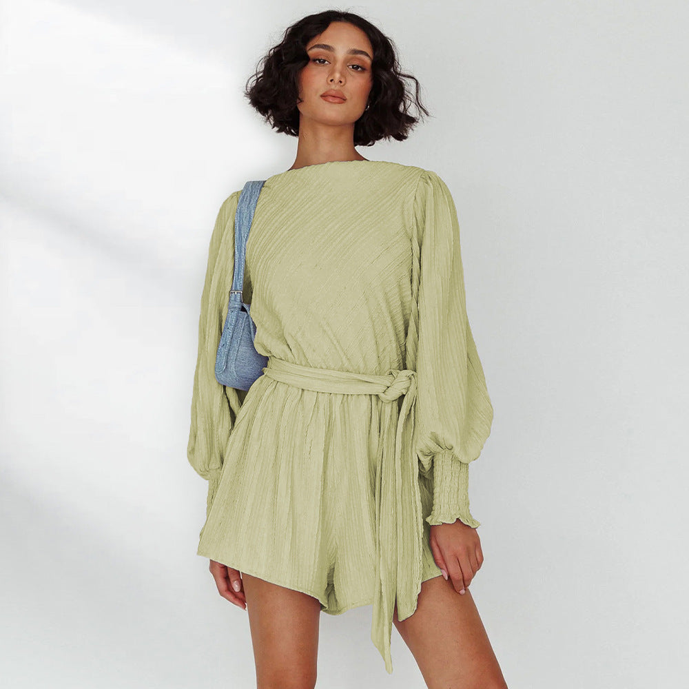 Women's Lace-Up Romper Autumn Lantern Sleeve Sexy Halter Long Sleeve Top Casual Wide Leg Pants
