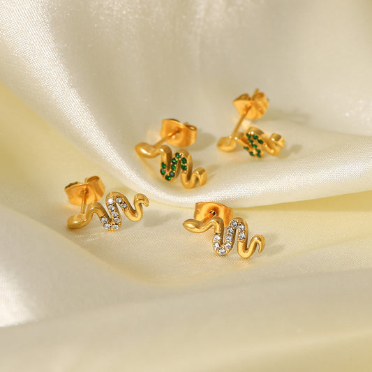 5pcs Stylish Vintage Earrings 18K Gold Stainless Steel Serpentine Earrings Set With Green/White Zircon Earrings For Women