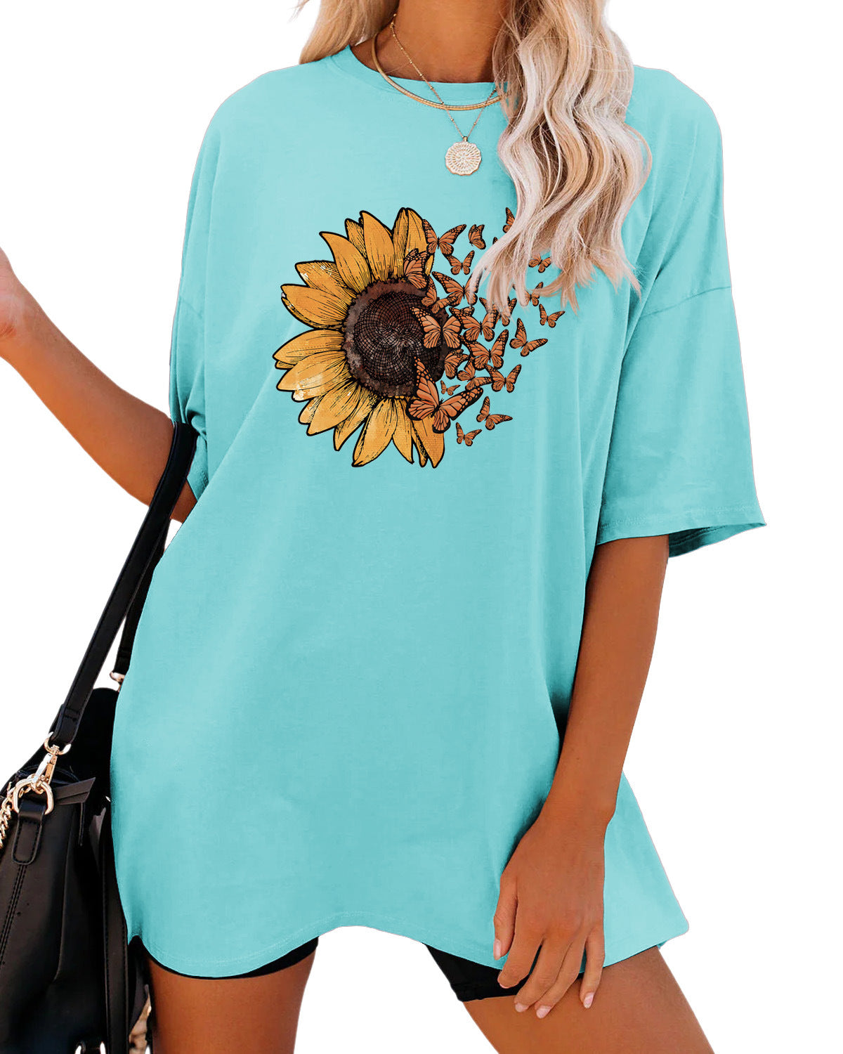 Casual Sunflower Print Loose T-Shirt Women's Round Neck Fashion Short Sleeve Shirt