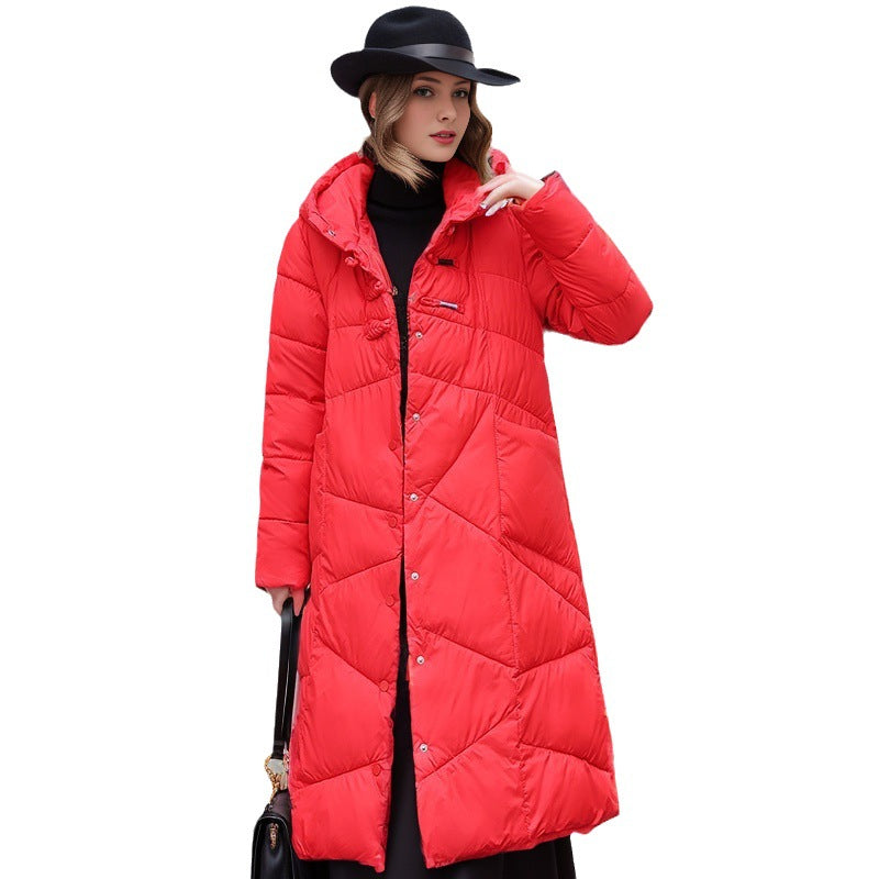 Literary And Retro Ethnic Style Button Down Jacket Women's Mid-Length Over The Knee Thick Loose Large Size Hooded Coat