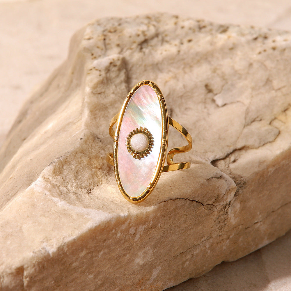 5pcs Vintage Style Niche Design Fritillion Ring 18K Gold Stainless Steel Oval Set Pearl Ring Opening Can Be