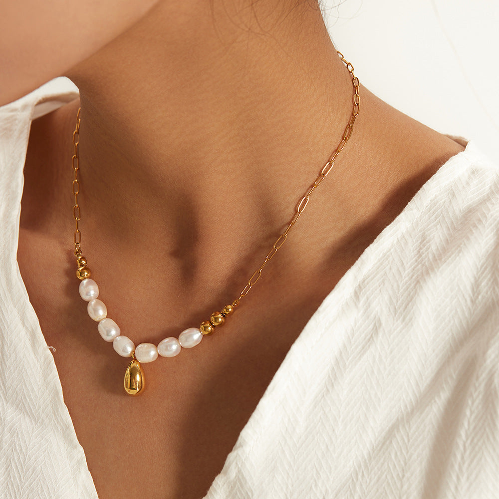 5pcs New 18K Gold Stainless Steel Baroque Light Pearl Necklace Elegant Necklace Jewelry