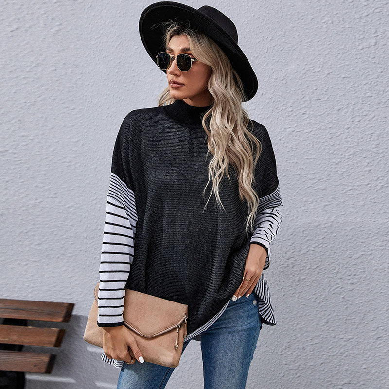 New Autumn And Winter Women's Long-Sleeved Striped Half-Turtleneck Loose Sweater