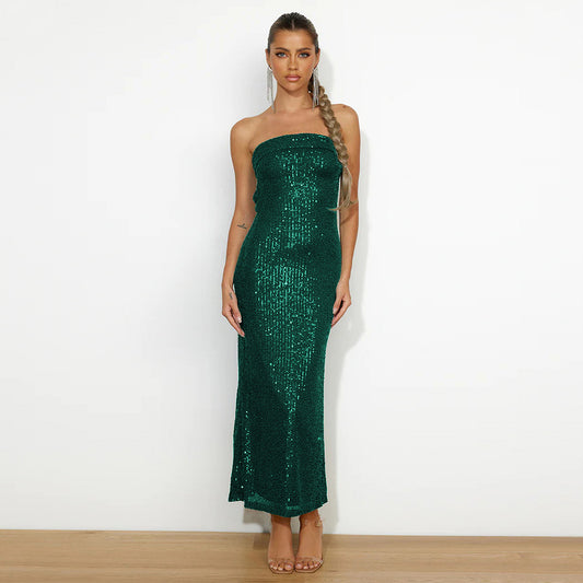 Bead Dress Sexy Strapless Sequin Dress High-End Women's Hollowed-Out Spice Girl Dress Bridesmaid Dress